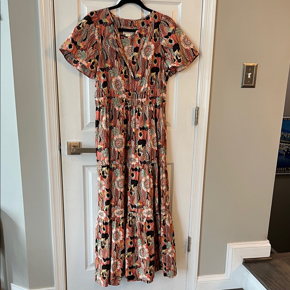 Anthropologie Maeve Coral Floral Maxi Dress Sz M